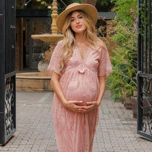 PinkBlush Light Pink Lace Mesh Overlay Maternity Maxi Dress